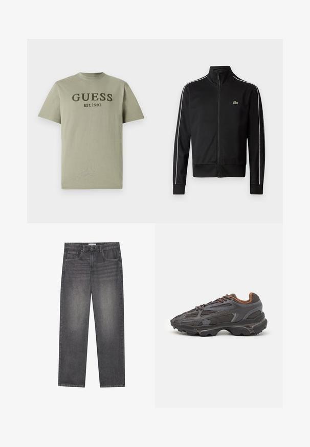 Svart zip-up träningsjacka i slät tyg, med vita sidestreck och en liten grön logotyp på bröstet. Hög krage.; Olivgrön bomullströja med rund hals och korta ärmar, med "GUESS EST. 1981" broderat i mörkgärna över bröstet.; Mörkgrå denimjeans med rak passform, som har fem fickor, knappstängning fram och subtila blekningar över tyget.; Lacoste-sneakers i mörkgrått med nät och syntetmaterial, med en strukturerad sula och bruna detaljer på kragen och varumärket.
