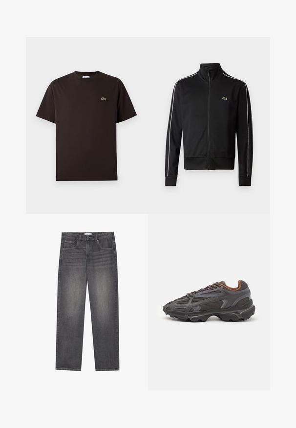 Melnas rāvējslēdzēja sporta jakas, kas izgatavota no gludas auduma, ar baltām sānu svītrām un mazu zaļu logotipu uz krūtīm. Augsts apkakles dizains.; Brūna īsām piedurknēm T-krekls, izgatavots no kokvilnas. Ar maigu zaļu izšūtu krokodila logo kreisajā krūtī. Klasisks apaļš kakla dizains.; Tumši pelēki džinsu bikses ar taisnu piegriezumu, piecas kabatas, priekšējais pogu aizdare un neliela izbalēšana auduma virsmā.; Lacoste kedas tumši pelēkā krāsā ar acu audumu un sintētisko materiālu, ar teksturētu zoli un brūniem akcentiem apkaklītē un zīmola uzrakstā.