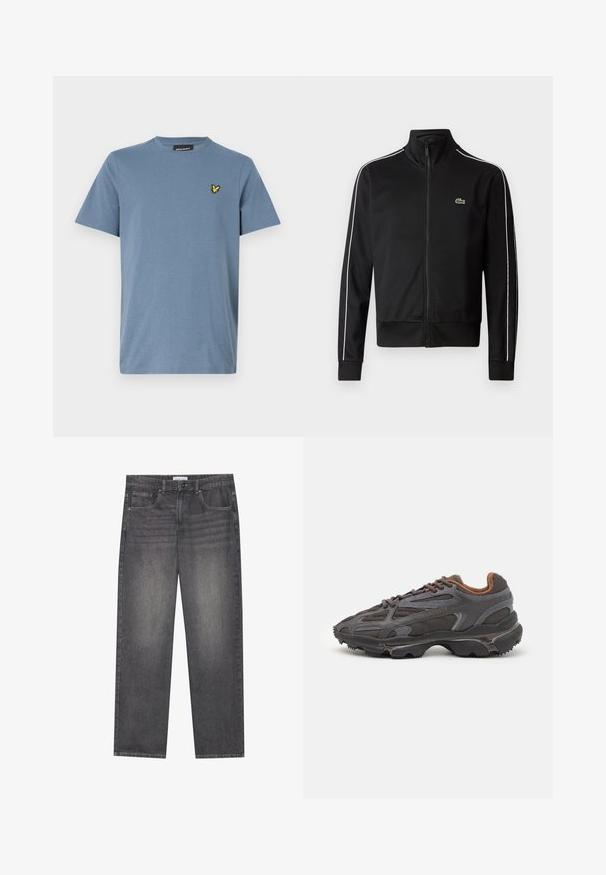 Černá jacket s vysokým límcem na zip vyrobená z hladkého materiálu, se bílými bočními pruhy a malým zeleným logem na hrudi.; Lyle & Scott Jednoduché tričko - mist blue; Tmavě šedé džíny z denimu se rovnýmsakem, které mají pět kapes, zapínání na knoflík v přední části a jemné blednutí na látce.; Sněrovací boty Lacoste v tmavě šedé barvě s síťovinou a syntetickým materiálem, prezentující texturovanou podrážku a hnědé detaily na límci a logu.