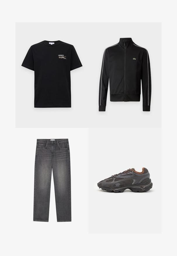 Melnas rāvējslēdzēja sporta jakas, kas izgatavota no gludas auduma, ar baltām sānu svītrām un mazu zaļu logotipu uz krūtīm. Augsts apkakles dizains.; Melna kokvilnas T-kreklu ar īsām piedurknēm, apaļu kakla izgriezumu un izšūtu "LACOSTE" logotipu ar kalnu grafiku kreisajā krūtī.; Tumši pelēki džinsu bikses ar taisnu piegriezumu, piecas kabatas, priekšējais pogu aizdare un neliela izbalēšana auduma virsmā.; Lacoste kedas tumši pelēkā krāsā ar acu audumu un sintētisko materiālu, ar teksturētu zoli un brūniem akcentiem apkaklītē un zīmola uzrakstā.