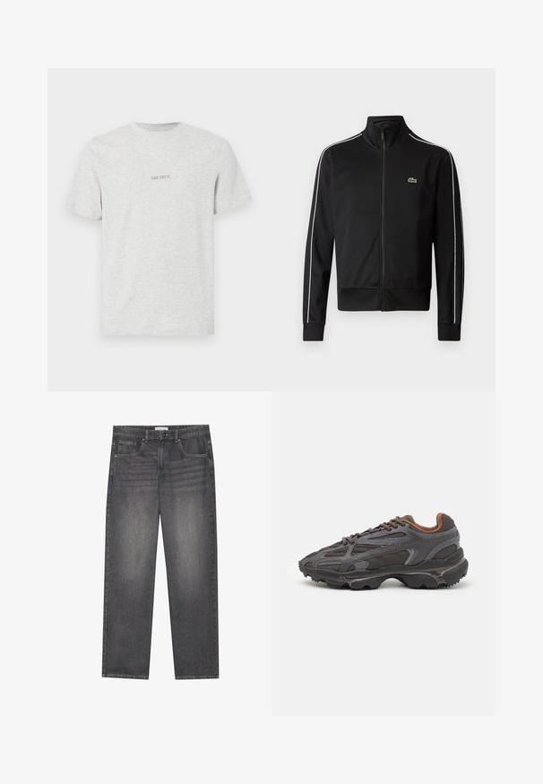 Melnas rāvējslēdzēja sporta jakas, kas izgatavota no gludas auduma, ar baltām sānu svītrām un mazu zaļu logotipu uz krūtīm. Augsts apkakles dizains.; Pelēks kokvilnas T-krekls ar īsām piedurknēm, apaļu izgriezumu un mazu sarkanbrūnu teksta druku, kas priekšā lasāms "LES DEUX".; Tumši pelēki džinsu bikses ar taisnu piegriezumu, piecas kabatas, priekšējais pogu aizdare un neliela izbalēšana auduma virsmā.; Lacoste kedas tumši pelēkā krāsā ar acu audumu un sintētisko materiālu, ar teksturētu zoli un brūniem akcentiem apkaklītē un zīmola uzrakstā.