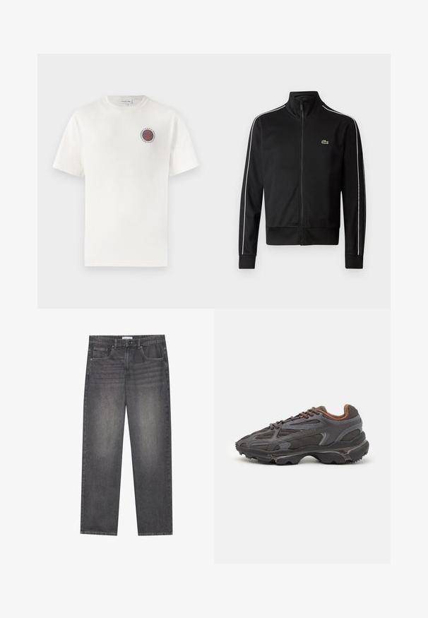 Casaco de treino preto com fecho, feito de um tecido suave, apresentando riscas brancas nas laterais e um pequeno logótipo verde no peito. Design de gola alta.; T-shirt de algodão branco com mangas curtas, apresentando um logótipo circular azul e laranja "Tennis Heritage" no lado esquerdo do peito.; Jeans de denim cinza escuro com corte reto, apresentando cinco bolsos, fecho frontal com botão e um esmaecimento subtil em toda a peça.; Ténis Lacoste em cinza-escuro com material em malha e sintético, apresentando uma sola texturizada e detalhes castanhos na gola e na marca.