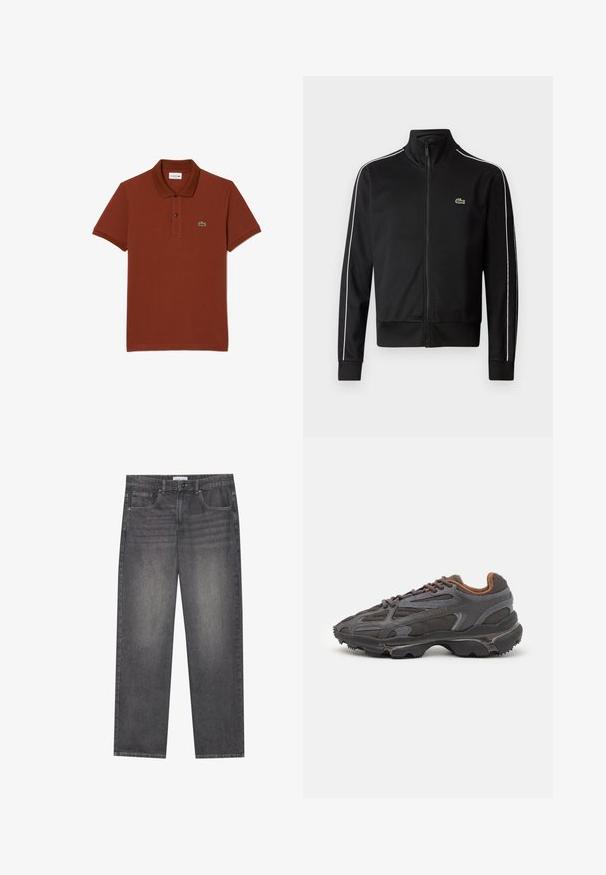 Svart zip-up träningsjacka i slät tyg, med vita sidestreck och en liten grön logotyp på bröstet. Hög krage.; Lacoste Piké - marron shi; Mörkgrå denimjeans med rak passform, som har fem fickor, knappstängning fram och subtila blekningar över tyget.; Lacoste-sneakers i mörkgrått med nät och syntetmaterial, med en strukturerad sula och bruna detaljer på kragen och varumärket.