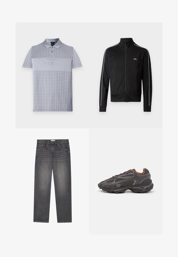 Schwarze Zip-Jacke aus glattem Stoff mit weißen Seitenstreifen und einem kleinen grünen Logo auf der Brust. Hoher Kragen.; Hellgraues Poloshirt mit Karomuster, zwei Knöpfen und einem runden Logo. Hergestellt aus einem glatten, atmungsaktiven Stoff.; Dunkelgraue Denim-Jeans mit geradem Schnitt, fünf Taschen, einem Frontknopfverschluss und subtilen Verfärbungen auf dem Stoff.; Lacoste Sneaker in Dunkelgrau aus Mesh und Synthetikmaterial, mit einer strukturierten Sohle und braunen Akzenten am Kragen und Logo.