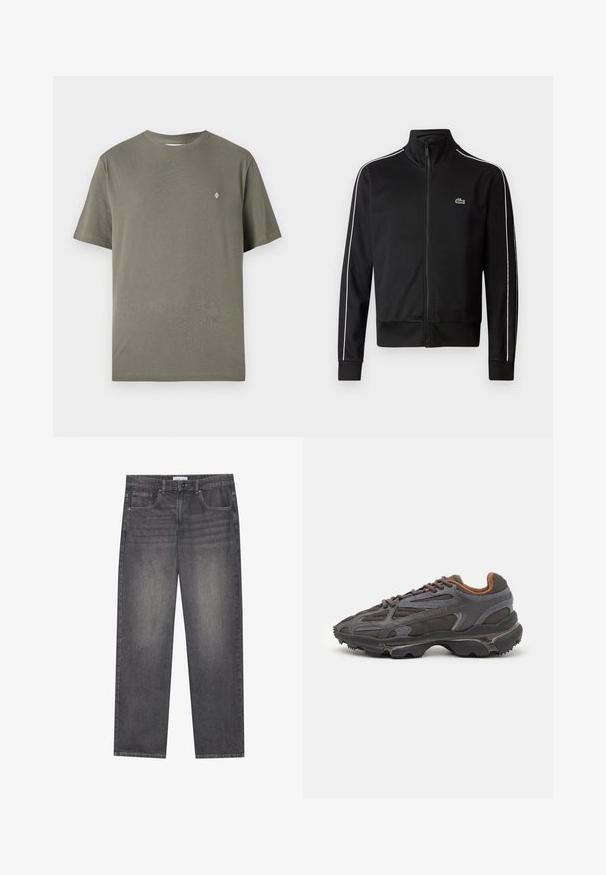 Juodas užtrauktukas sportinis švarkas, pagamintas iš lygios medžiagos, su baltais šonų dryžiais ir mažuoju žaliu logotipu krūtinėje. Aukšto apykaklės dizainas.; Olivinės spalvos medvilnės marškinėliai su apvali iškirpte, trumpomis rankovėmis ir mažu baltu logotipu ant krūtinės. Paprastas, nenuostabus dizainas.; Tamsiai pilkos džinsinės kelnės su tiesiu kirpimu, turinčios penkias kišenes, priekinį knopkopį ir švelnų išblukimą audinyje.; Lacoste sportbačiai tamsiai pilki, pagaminti iš tinklinės ir sintetinių medžiagų, su tekstūruotu padu ir rudomis detalėmis ant apykaklės bei prekės ženklo.