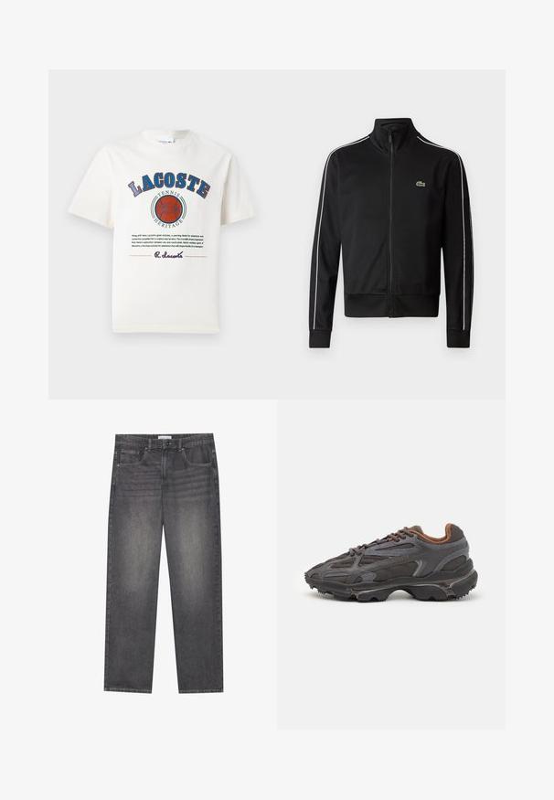 Chaqueta de chándal negra con cremallera, fabricada en tejido suave, que presenta franjas laterales blancas y un pequeño logo verde en el pecho. Diseño de alto collar.; Camiseta de algodón blanca con texto gráfico en azul y rojo, ilustraciones y un logo en el frente, con cuello redondo y mangas cortas.; Jeans de mezclilla gris oscuro con corte recto, que cuentan con cinco bolsillos, un cierre frontal con botón y un ligero desgastado en la tela.; Zapatillas Lacoste en gris oscuro con material de malla y sintético, que cuentan con una suela texturizada y detalles en marrón en el cuello y la marca.