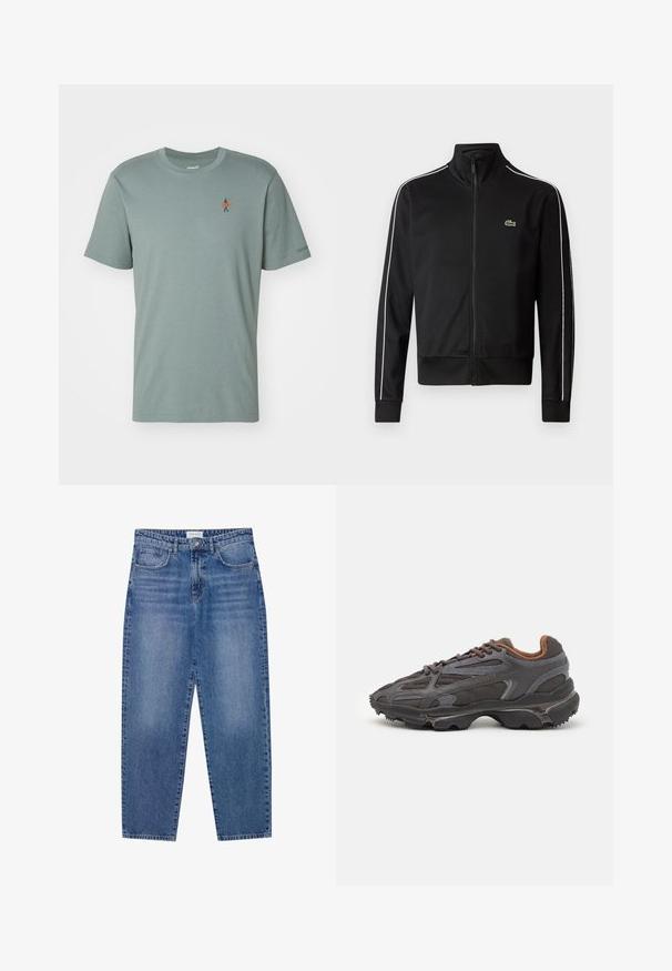 Svart zip-up treningsjakke laget av glatt stoff, med hvite sidelister og en liten grønn logo på brystet. Høy krage-design.; Mintgrønn t-skjorte med korte ermer laget av mykt stoff. Har et lite brodert design av en person med et oransje surfebrett på brystet.; Blå denim jeans med høy midje, rett bendesign og falmet finish. Har fem lommer og knappelukking.; Lacoste-sneakers i mørkegrått med mesh- og syntetisk materiale, med en teksturert såle og brune detaljer på kragen og merket.