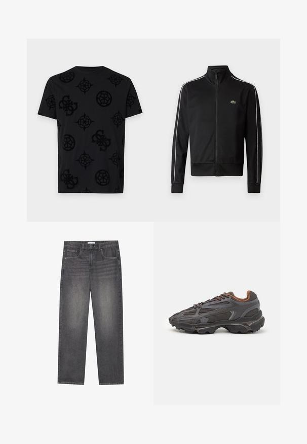 Chaqueta de chándal negra con cremallera, fabricada en tejido suave, que presenta franjas laterales blancas y un pequeño logo verde en el pecho. Diseño de alto collar.; Camiseta negra con un patrón texturizado de diversas formas circulares y geométricas. Cuello redondeado, mangas cortas y corte relajado.; Jeans de mezclilla gris oscuro con corte recto, que cuentan con cinco bolsillos, un cierre frontal con botón y un ligero desgastado en la tela.; Zapatillas Lacoste en gris oscuro con material de malla y sintético, que cuentan con una suela texturizada y detalles en marrón en el cuello y la marca.
