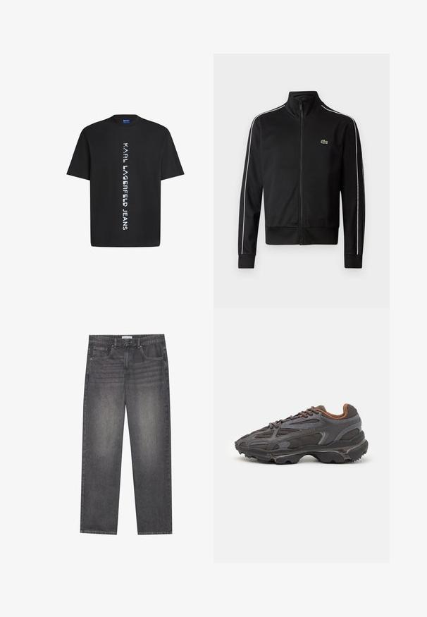 Mustast, siledast kangast zip-up takist, millel on valged külgtriibud ja väike roheline logo rinnal. Kõrge krae disain.; Musthave musta puuvillane T-särk, millel on vertikaalne valge tekst "KARL LAGERFELD JEANS". Klassikaline ümar kaelus ja lühikesed varrukad. Sile tekstuur.; Tumedad hallid džинs подразденииinнари и виишь праканд нарх ялкаал еиргиктр панжии, лашкаай у.Е. нарер летмец вьимиджеч платарам.; Tumed hallid Lacoste tossud, mis on valmistatud võrkkangast ja sünteetilisest materjalist, omavad tekstureeritud talla ning pruune aktsente kaeluse ja brändingu juures.