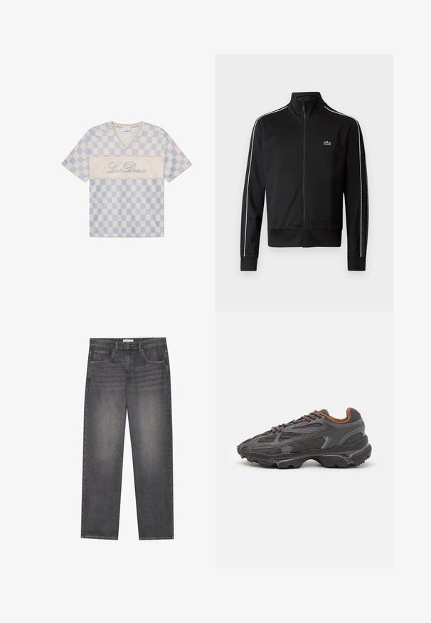 Musta vetoketjullinen urheilu takki, joka on valmistettu sileästä kankaasta. Takissa on valkoiset sivunauhat ja pieni vihreä logo rinnassa. Korkea kaulussuunnittelu.; Sininen ja kerma-valkoinen ruudullinen verkkokankainen lyhythihainen t-paita, jossa on V-kaula-aukko ja "Les Deux" brodeerattu etupuolelle kursiivilla.; Tummanharmaat farkut suoralla leikkauksella, joissa on viisi taskua, edessä nappikiinnitys ja hieno haalistuminen kankaan pinnalla.; Lacoste-tennar i mörkgrått med nät- och syntetmaterial, med en texturerad sula och bruna accenter på kragen och märket.