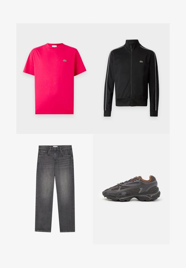 Černá jacket s vysokým límcem na zip vyrobená z hladkého materiálu, se bílými bočními pruhy a malým zeleným logem na hrudi.; Růžové bavlněné tričko s kulatým výstřihem a krátkými rukávy, na levé straně se malým zeleným krokodýlem.; Tmavě šedé džíny z denimu se rovnýmsakem, které mají pět kapes, zapínání na knoflík v přední části a jemné blednutí na látce.; Sněrovací boty Lacoste v tmavě šedé barvě s síťovinou a syntetickým materiálem, prezentující texturovanou podrážku a hnědé detaily na límci a logu.