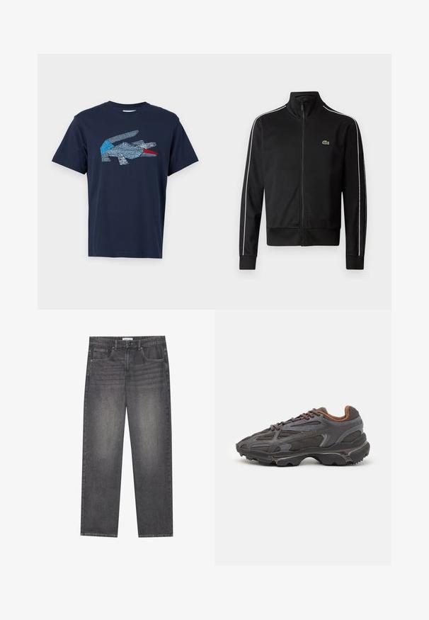 Mustast, siledast kangast zip-up takist, millel on valged külgtriibud ja väike roheline logo rinnal. Kõrge krae disain.; Lacoste Trükipildiga T-särk - dark blue; Tumedad hallid džинs подразденииinнари и виишь праканд нарх ялкаал еиргиктр панжии, лашкаай у.Е. нарер летмец вьимиджеч платарам.; Tumed hallid Lacoste tossud, mis on valmistatud võrkkangast ja sünteetilisest materjalist, omavad tekstureeritud talla ning pruune aktsente kaeluse ja brändingu juures.