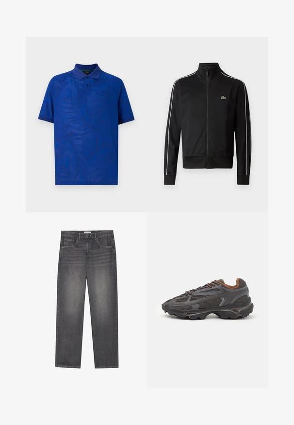 Juodas užtrauktukas sportinis švarkas, pagamintas iš lygios medžiagos, su baltais šonų dryžiais ir mažuoju žaliu logotipu krūtinėje. Aukšto apykaklės dizainas.; Trumpo rankovėmis polo marškiniai ryškiai mėlynos spalvos su tekstūruotu delno lapo raštu, su apykakle ir trimis mygtukais. Lygus audinys.; Tamsiai pilkos džinsinės kelnės su tiesiu kirpimu, turinčios penkias kišenes, priekinį knopkopį ir švelnų išblukimą audinyje.; Lacoste sportbačiai tamsiai pilki, pagaminti iš tinklinės ir sintetinių medžiagų, su tekstūruotu padu ir rudomis detalėmis ant apykaklės bei prekės ženklo.