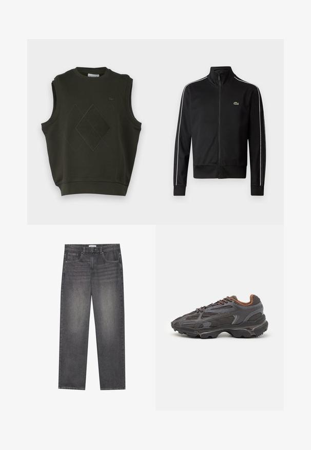 Μαύρο μπουφάν track με φερμουάρ, φτιαγμένο από μαλακό ύφασμα, με λευκές ρίγες στο πλάι και ένα μικρό πράσινο λογότυπο στο στήθος. Σχεδίαση με ψηλό γιακά.; Αμάνικο σκούρο πράσινο φούτερ με στρογγυλή λαιμόκοψη, υφή διαμαντένιου μοτίβου στο μπροστινό μέρος και λογότυπο. Μαλακό ύφασμα με χαλαρή εφαρμογή.; Σκούρο γκρι τζιν παντελόνι με ίσια γραμμή, διαθέτοντας πέντε τσέπες, κλείσιμο με κουμπί μπροστά και απαλές φθορές σε όλη την επιφάνεια.; Αθλητικά παπούτσια Lacoste σε σκούρο γκρι χρώμα, κατασκευασμένα από διχτυωτό και συνθετικό υλικό, με ελαστική σόλα και καφέ λεπτομέρειες στον γιακά και στο branding.