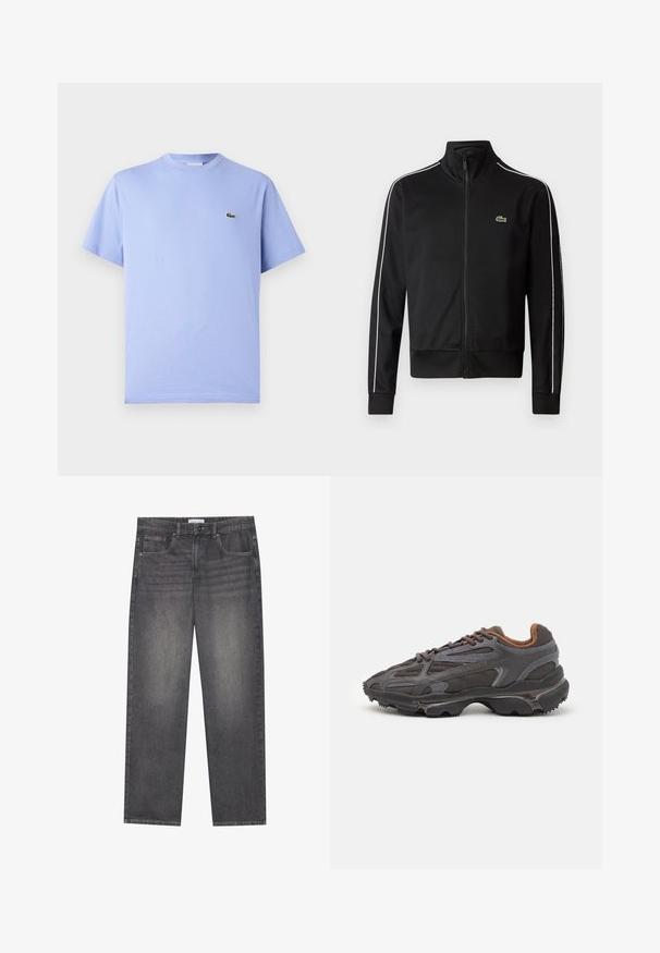 Juodas užtrauktukas sportinis švarkas, pagamintas iš lygios medžiagos, su baltais šonų dryžiais ir mažuoju žaliu logotipu krūtinėje. Aukšto apykaklės dizainas.; Šviesiai mėlynas medvilninis marškinėlis su apvaliu iškirpimu ir trumpomis rankovėmis. Pasižymi mažuoju siuvinėtu žaliuoju aligatoriumi ant krūtinės.; Tamsiai pilkos džinsinės kelnės su tiesiu kirpimu, turinčios penkias kišenes, priekinį knopkopį ir švelnų išblukimą audinyje.; Lacoste sportbačiai tamsiai pilki, pagaminti iš tinklinės ir sintetinių medžiagų, su tekstūruotu padu ir rudomis detalėmis ant apykaklės bei prekės ženklo.