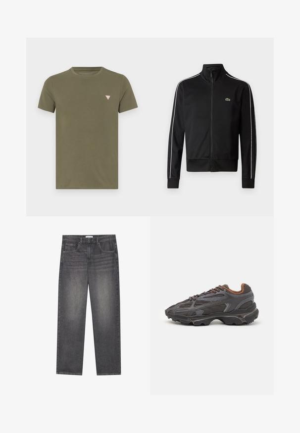 Giacca a zip nera in tessuto liscio, con strisce laterali bianche e un piccolo logo verde sul petto. Design con colletto alto.; T-shirt verde oliva a maniche corte in cotone, con un piccolo logo triangolare rosso e bianco sulla parte sinistra del petto.; Jeans in denim grigio scuro con taglio dritto, dotati di cinque tasche, chiusura frontale con bottone e lievi sbiadimenti su tutta la stoffa.; Sneaker Lacoste grigie scure in materiale mesh e sintetico, con suola testurizzata e dettagli marroni sul colletto e sul branding.