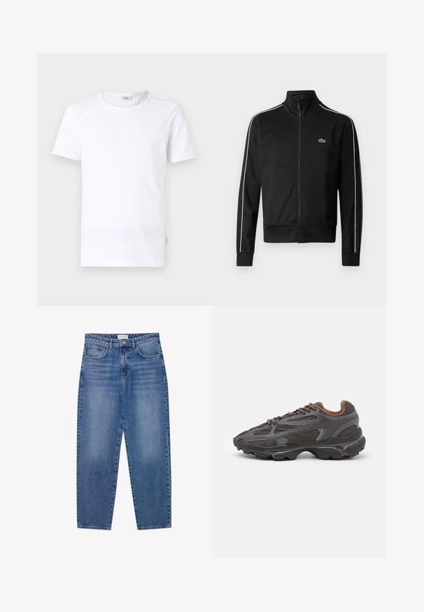 Mustast, siledast kangast zip-up takist, millel on valged külgtriibud ja väike roheline logo rinnal. Kõrge krae disain.; Valge lühikeste varrukatega puuvillane t-särk, ümmarguse kaelusega ja väikese logotagiga külgedel. Sile tekstuur ja klassikaline lõige.; Sinine denimpüksid kõrge vöökoht, sirge jala disain ja kulunud viimistlus. Omab viit taskut ja nööbikinnitust.; Tumed hallid Lacoste tossud, mis on valmistatud võrkkangast ja sünteetilisest materjalist, omavad tekstureeritud talla ning pruune aktsente kaeluse ja brändingu juures.