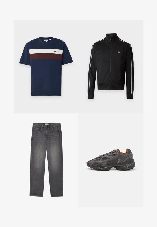 Mustast, siledast kangast zip-up takist, millel on valged külgtriibud ja väike roheline logo rinnal. Kõrge krae disain.; Tumed sinine puuvillane T-särk, millel on horisontaalsed triibud kreemja ja burbooni värviga, ning rinnal väike roheline krokodilli logo.; Tumedad hallid džинs подразденииinнари и виишь праканд нарх ялкаал еиргиктр панжии, лашкаай у.Е. нарер летмец вьимиджеч платарам.; Tumed hallid Lacoste tossud, mis on valmistatud võrkkangast ja sünteetilisest materjalist, omavad tekstureeritud talla ning pruune aktsente kaeluse ja brändingu juures.