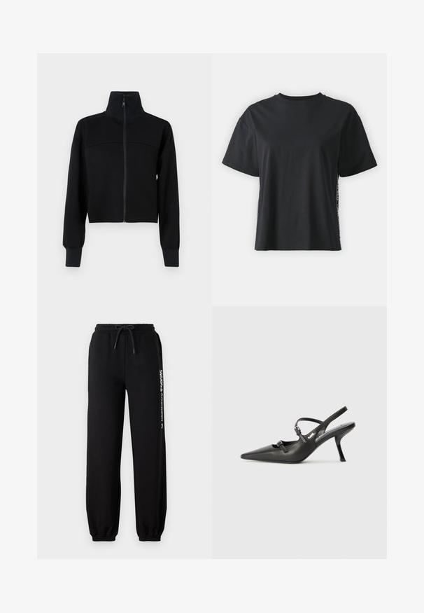 Černá zkrácená zipová bunda z měkkého materiálu. Má vysoký límec a dlouhé rukávy s žebrovanými manžetami. Ševová detailáž přes hruď.; Černé triko s krátkým rukávem, vyrobené z bavlny, s volným střihem a kontrastním bočním panelem, který obsahuje malý text a designové detaily.; Černé tepláky s elastickým pasem, nastavitelnou šňůrkou a zúženými manžetami. Na levé straně je bílý potisk s logem.; Černé kožené lodičky na boku s špičatou špičkou, štíhlým podpatkem a dekorativní přezkou na nártu. Hladká textura a elegantní design.