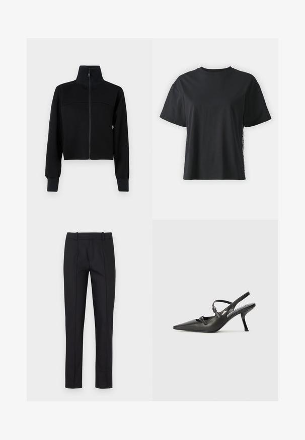 Zwarte cropped zip-up jas van zachte stof. Kenmerkt zich door een hoge kraag en lange mouwen met ribgebreide manchetten. Naaddetail over de borst.; Zwarte katoenen t-shirt met korte mouwen, ontspannen pasvorm en contrasterend zijpaneel met kleine tekst en ontwerpelementen.; Zwarte tailored broek met een slim fit, vlakke voorkant en twee achterzakken. Gemaakt van een gladde stof met subtiele stikseldetails langs de naden.; Zwarte leren slingback hakken met een spitse neus, slanke hak en decoratieve gespdetails op de bovenkant. Gladde textuur en een strakke uitstraling.