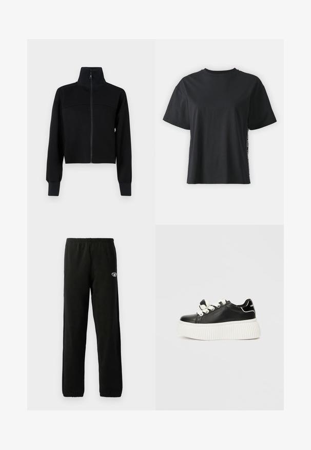 Crna skraćena jakna na patentni zatvarač od mekog materijala. Ima visoki ovratnik i duge rukave s rebrastim manžetama. Šavni detalj preko prsa.; Crna pamučna majica kratkih rukava s opuštenim krojem i kontrastnim bočnim panelom koji sadrži sitan tekst i detalje dizajna.; Crne trenirke s elastičnim pojasom i manžetama. Uključuju mali logo na bedrima. Izrađene su od meke, glatke tkanine.; Crne kožne tenisice s debelim bijelim rebrastim potplatom, s bijelim vezicama i dekorativnom mašnom na jeziku.