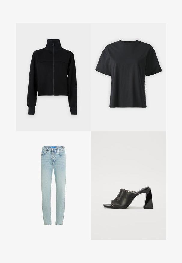 Must võipehmes kangas must lühike tõmblukuga jakk. Omab kõrget kaelust ja pikki varrukaid ribikraega. Õmbluse detail rindkere piirkonnas.; Must have lühikeste varrukatega puuvillane must T-särk, millel on lõdvestunud lõige ja kontrastne külgpanel, mis sisaldab väikest teksti ja kujunduselemente.; Heledad sinine teksad, sirge lõikega, viie taskuga ja nööbivajutusega. Omab kulumise kohta ja tugevdusõmblusi õmbluste juures.; Mustad nahast mules laia avausega, kontsaga ja õmmeldud äärega. Sile pind ja minimalistlik disain.