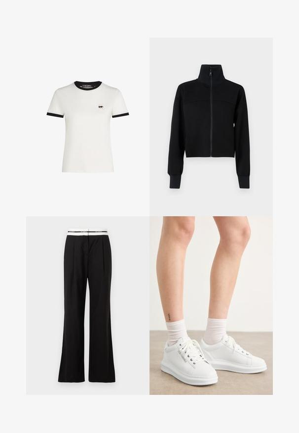 Black cropped zip-up jacket in soft fabric. Features a high collar and long sleeves with ribbed cuffs. Seam detail across the chest.; White cotton t-shirt with black ribbed neckline and sleeve hems. Features a small embroidered cartoon face design on the left chest.; Black trousers with a relaxed fit, featuring a white elastic waistband with branding. Made of smooth fabric with a slight sheen.; White leather sneakers with a smooth texture, round toe, and flat rubber sole. Laces are visible, and sock cuffs are white.