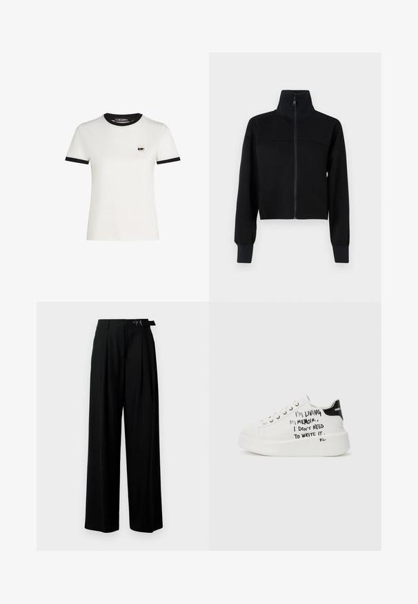 Black cropped zip-up jacket in soft fabric. Features a high collar and long sleeves with ribbed cuffs. Seam detail across the chest.; White cotton t-shirt with black ribbed neckline and sleeve hems. Features a small embroidered cartoon face design on the left chest.; Black wide-leg trousers with a high waist, pleats at the front, and a belt featuring a buckle. Made from smooth, lightweight fabric.; White platform sneakers with black accents, featuring a textured sole and handwritten text on the sides. Smooth leather material.