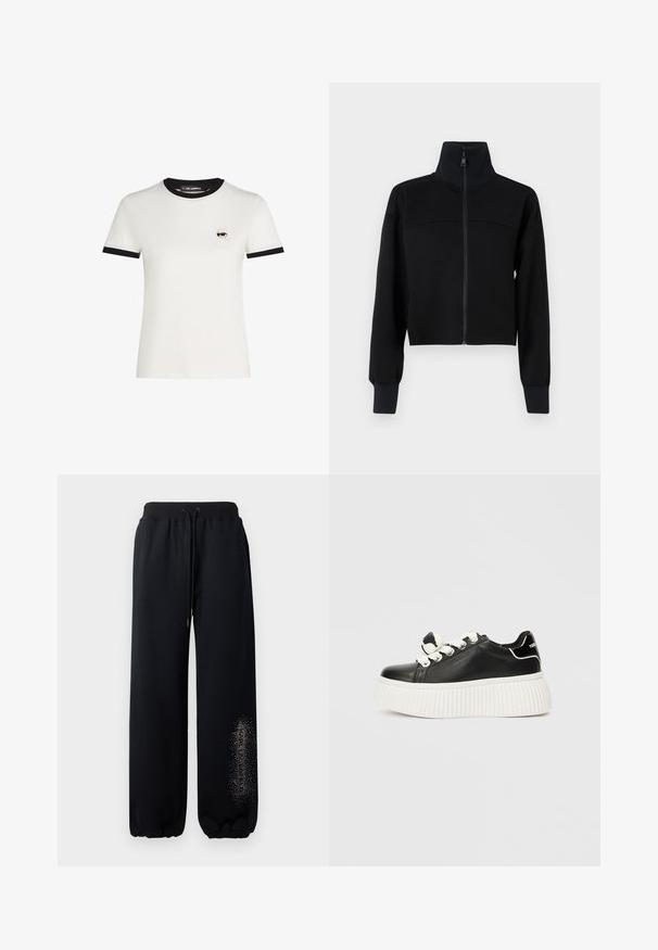Sort cropped zip-jakke i blødt stof. Har høj krave og lange ærmer med ribbet manchetter. Sømmene er detaljeret på tværs af brystet.; Hvid bomulds t-shirt med sort ribbede hals og ærmekanter. Har et lille broderet tegneserieansigt design på venstre bryst.; Sorte sweatpants med elastisk talje, snøre og samlede cuffers. Har et tekstdesign med glimmer på venstre ben.; Sorte lædersneakers med en tyk hvid ribbet sål, med hvide snørebånd og en dekorativ sløjfe på tunge.
