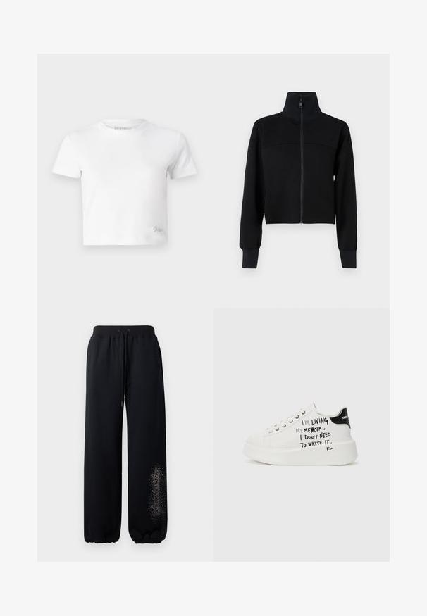Crna skraćena jakna na patentni zatvarač od mekog materijala. Ima visoki ovratnik i duge rukave s rebrastim manžetama. Šavni detalj preko prsa.; Bijela skraćena majica izrađena od glatkog pamuka, s visokim izrezom i kratkim rukavima. Mali izvezeni logo u donjem kutu.; Crne trenirke s elastičnim pojasom, vezicom i skupljenim manžetama. Imaju dizajn s tekstom i sjajem na lijevoj nozi.; Bijele platform tenisice s crnim akcentima, s teksturiranom potplatom i ručno pisanom oznakom sa strane. Glatki kožni materijal.
