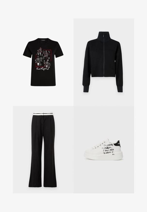 Jaqueta cropped preta com fecho zip em tecido macio. Apresenta um colarinho alto e mangas longas com punhos canelados. Detalhe em costura na zona do peito.; T-shirt de algodão preto com ilustrações de moda em branco e vermelho, com uma assinatura na parte inferior. Decote redondo standard e mangas curtas.; Calças pretas com um corte descontraído, apresentando uma cinta elástica branca com marca. Feitas de um tecido suave com um leve brilho.; Sapatilhas plataforma brancas com detalhes pretos, apresentando uma sola texturizada e texto manuscrito nas laterais. Material de couro suave.