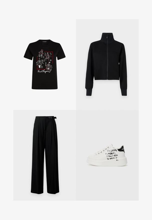 Black cropped zip-up jacket in soft fabric. Features a high collar and long sleeves with ribbed cuffs. Seam detail across the chest.; Black cotton t-shirt featuring fashion illustrations in white and red, with a signature at the bottom. Standard crew neck and short sleeves.; Black wide-leg trousers with a high waist, pleats at the front, and a belt featuring a buckle. Made from smooth, lightweight fabric.; White platform sneakers with black accents, featuring a textured sole and handwritten text on the sides. Smooth leather material.