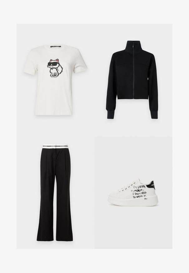 Must võipehmes kangas must lühike tõmblukuga jakk. Omab kõrget kaelust ja pikki varrukaid ribikraega. Õmbluse detail rindkere piirkonnas.; Valge puuvillane T-särk, millel on joonistatud karikatuurikass, millel on punased detailid ja tumedad prillid. Ümmargune kaelus ja lühikesed varrukad.; Mustad püksid, millel on mugav lõige, valge elastse vöökohtaga, millel on kaubamärgi logo. Valmistatud siledast kangast, millel on kerge läige.; Valged platvorminike mustade aktsentidega, tekstureeritud tallaga ja käsitsi kirjutatud tekstiga külgedel. Sujuv nahk.