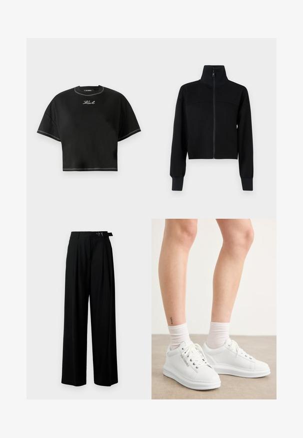 Black cropped zip-up jacket in soft fabric. Features a high collar and long sleeves with ribbed cuffs. Seam detail across the chest.; Black cropped t-shirt made of soft fabric. Features a round neckline, oversized short sleeves, and white contrast stitching. Logo embroidered on front.; Black wide-leg trousers with a high waist, pleats at the front, and a belt featuring a buckle. Made from smooth, lightweight fabric.; White leather sneakers with a smooth texture, round toe, and flat rubber sole. Laces are visible, and sock cuffs are white.