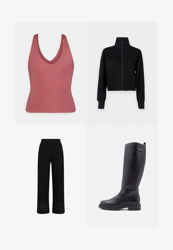 Čierna krátka zipová bunda vyrobená z jemného materiálu. Má vysoký golier a dlhé rukávy s rebrovanými manžetami. Ševový detail cez hruď.; Top bez rukávov s výstrihom do V v tlmenej ružovej farbe, vyrobený z hladkej tkaniny. Tvarovo priliehavý dizajn s jednoduchým, bezšvovým lemom a žiadnymi ďalšími ozdobami.; Čierne tepláky s širokými nohavicami, elastickým pásom a kvetinovou výšivkou na leme. Vyrobené z mäkkej, elastickej tkaniny.; Vysoká čierna kožená čižma s nízkym blokovým podpätkom, robustnou podrážkou a malým obdĺžnikovým označením blízko vrchu, na ktorom je zobrazené meno značky.