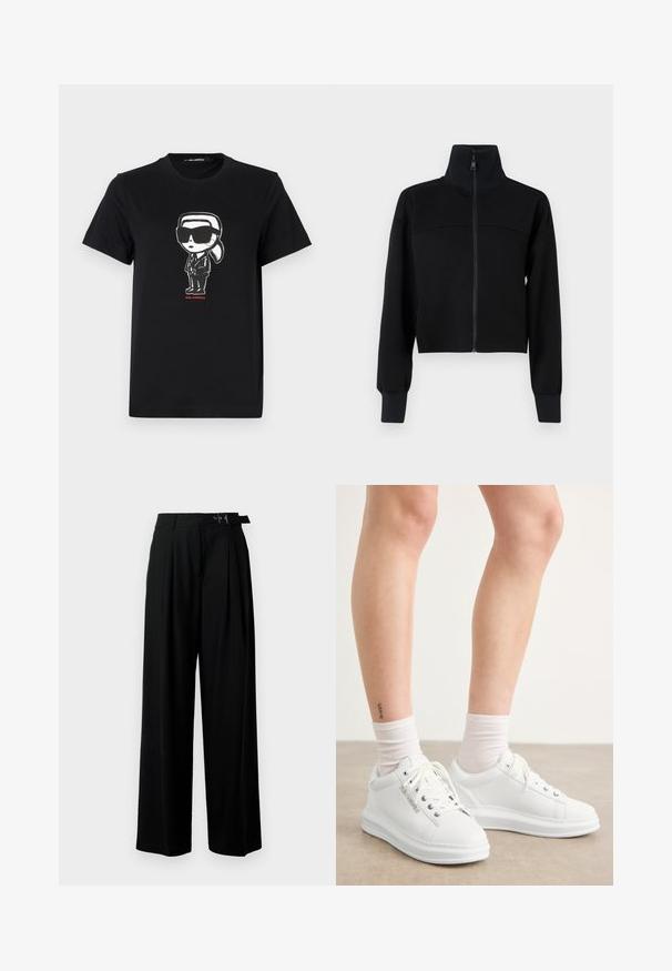 Fekete, rövidített, cipzáros dzseki puha anyagból. Magas gallérral és hosszú ujjakkal rendelkezik, bordázott mandzsettákkal. Párnázott varrás a mellkasnál.; Fekete pamut póló, napszemüveget viselő, öltönyt hordó figura grafikájával. Egyszerű, kerek nyakú kialakítás rövid ujjakkal. Piros szöveg alatta.; Fekete, bő szárú nadrág magas derékkal, elöl pliszírozva, és csattal ellátott övvel. Simább, könnyű anyagból készült.; Fehér bőr sportcipők sima felülettel, kerek orral és lapos gumi talppal. A fűzők láthatóak, a zokni szárak fehérek.