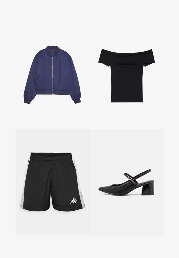 Casaco bombardeiro azul-marinho com fecho éclair na frente, punhos em ribana e cintura em ribana. Tecido suave com uma textura lisa. Bolsos laterais integrados no design.; Top preto de ombros à mostra, feito de um tecido elástico e suave. Apresenta mangas curtas e uma silhueta ajustada. Design simples e sem costuras.; Calções de desporto pretos com painéis laterais brancos, cintura elástica e um logótipo branco com duas figuras sentadas na parte inferior esquerda da perna.; Sabrinas de cerâmica preta com salto bloco, bico apontado e um design com recortes arredondados. Apresenta um detalhe em fivela de tom dourado.