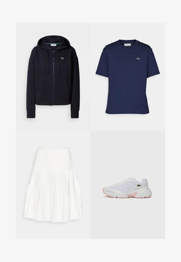Marinefarbene Zip-Hoodie aus weichem Baumwollstoff. Verfügt über eine Fronttasche, eine Kapuze mit Kordelzug, gerippte Bündchen und ein kleines gesticktes Logo.; Kurzarm-T-Shirt in Marineblau aus Baumwolle, mit Rundhalsausschnitt und kleinem grünen Lacoste-Logo auf der linken Brust.; Weißer plissierter Rock mit einem glatten Bund, fließendem Stoff und vertikalen Falten, die Textur und Fülle schaffen.; Weiße Sportschuhe mit einem strukturierten Mesh-Obermaterial, dezenten rosa Akzenten an der Sohle und einem grünen Krokodil-Logo an der Seite.