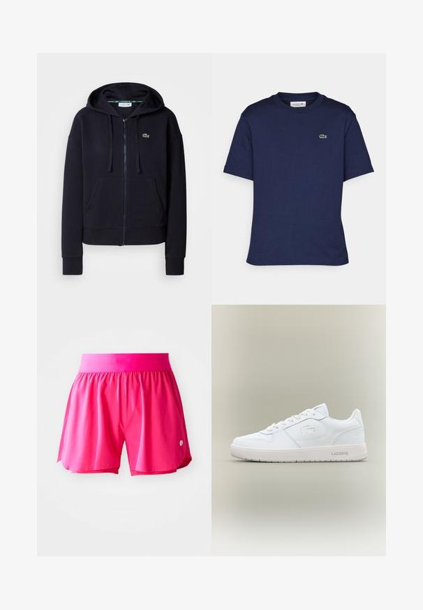 Tumesinine tõmblukkudega kapuutsiga pluus, mis on valmistatud pehmest puuvillakangast. Omab esist pocketit, reguleeritavat kapuutsi, soonikkoes varrukaid ja väikest tikandit.; Lühikese varrukaga tume sinine puuvillane t-särk, millel on ümardatud kaelus ja väike roheline Lacoste logo vasakul rinnal.; Roosa spordilühikesed püksid, mis on valmistatud kergetest materjalidest. Omavad elastset vööd ja külgsukke, et võimaldada liikumisvabadust. Ees on väike logo.; Valge nahkne tennisekeng sujuva viimistlusega, ümmargune nina, paeltega disain ja peene leebelt reljeefne logo külgedel. Varustatud kummist tallaga.