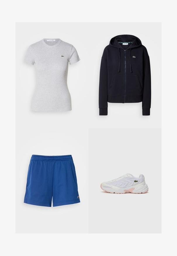 Tamsiai mėlynas džemperis su užtrauktuku, pagamintas iš minkštos medvilnės audinio. Yra priekinė kišenė, nusegamas gobtuvas, ribotuvas ant rankovių ir mažas išsiuvinėtas logotipas.; Šviesiai pilka prigludusi trumpomis rankovėmis marškinėliai su apvaliu kaklu ir mažu žaliu Lacoste krokodilu kairėje krūtinės pusėje.; Mėlynos sportinės šortai, pagaminti iš lengvos medžiagos, su elastinga juosta, šonuose turi kišenes ir mažą logotipą šoniniame krašte.; Baltos sportinės avalynės su tekstūruota tinkline viršutine dalimi, subtiliomis rožinėmis detalėmis ant pado ir žaliu krokodilo logotipu šone.