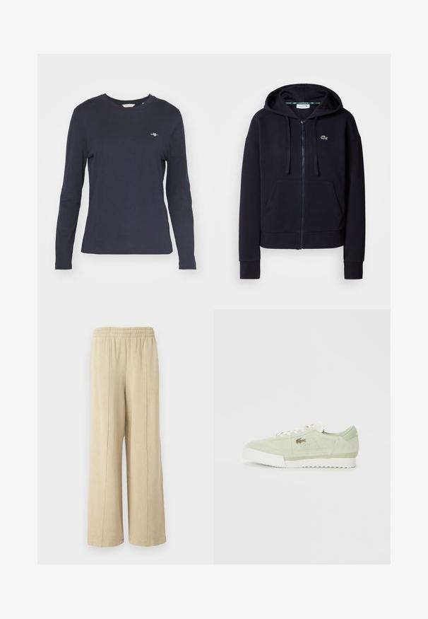 Navy zip-up hoodie made of soft cotton fabric. Features a front pocket, drawstring hood, ribbed cuffs, and a small embroidered logo.; Navy blue long-sleeve t-shirt made of cotton, featuring a crew neck and a small logo on the left chest. Smooth texture.; Beige wide-leg pants with an elastic waistband and visible side seams. Made from soft fabric with a smooth texture.; Light green suede sneaker with white sole and laces, low-top design, and small metallic logo on the side.