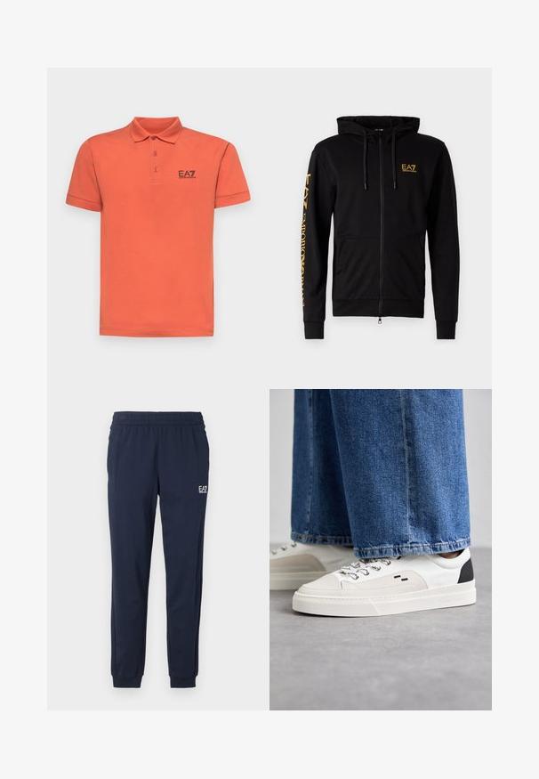 Czarna bluza z kapturem zapinana na zamek, wykonana z miękkiego materiału. Posiada kaptur, kieszenie z przodu oraz żółty nadrukowany logo na piersi i rękawie.; EA7 Emporio Armani - Koszulka polo; Granatowe dresy z elastycznym paskiem i ściągaczami. Posiadają małe białe logo na lewej nogawce. Wykonane z miękkiego, elastycznego materiału.; Białe i czarne sneakersy z gładką skórzaną cholewką, teksturowanymi akcentami oraz masywną białą podeszwą. Posiadają klasyczny system sznurowania.