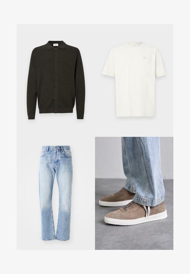 Sötétzöld hosszú ujjú kötött kardigán, gallérral és hat elülső gombbal, finom textúrájú mintázattal, bordázott mandzsettákkal és aljjal.; Egyszínű fehér, rövid ujjú póló, bal mellkason kis fekete "NN. 07" felirattal, világos háttér előtt.; Világoskék farmernadrág egyenes szára. Öt zsebbel, gombos záródással és a szár alján halványos textúrával rendelkezik.; Barna velúr sportcipők fehér gumi talppal, kerek fűzőkkel és alacsony profilú kialakítással. A farmernadrág részben takarja a cipőket.