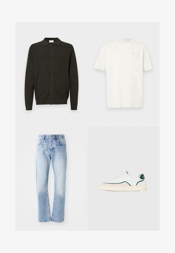 Cárdigan de punto de manga larga en verde oscuro con cuello y seis botones frontales, que presenta un patrón texturizado sutil y puños y dobladillo acanalados.; Camiseta blanca de manga corta con el pequeño texto negro "NN. 07" en el lado izquierdo del pecho, sobre un fondo claro.; Jeans de mezclilla azul claro con corte recto. Presenta un diseño de cinco bolsillos, cierre de botón y una textura deslavada hacia la parte inferior.; Zapatilla baja blanca con detalles en verde, gamuza beige y suela de color crema con un fondo estriado.