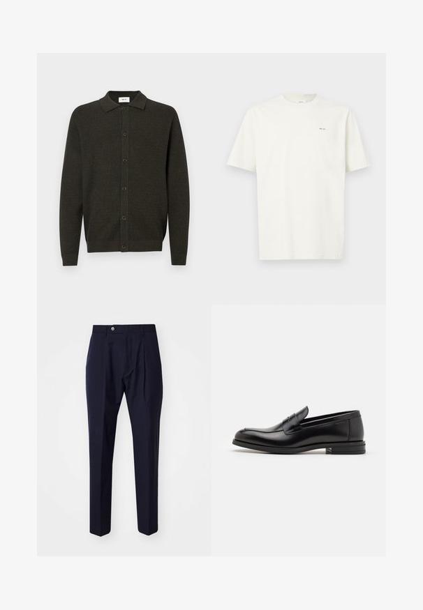 Dunkelgrüne Strickjacke mit langen Ärmeln und Kragen, ausgestattet mit sechs Knöpfen auf der Vorderseite, mit einem dezenten strukturierten Muster sowie gerippten Bündchen und Saum.; Ein schlichtes weißes T-Shirt mit kurzen Ärmeln und einem kleinen schwarzen "NN. 07"-Schriftzug auf der linken Brust vor einem hellen Hintergrund.; Paul Smith TROUSER - Stoffhose - grey; Schwarze Lederloafers mit glatter Textur, rundem Zehenbereich und einem dekorativen Riemen über dem Vorderfuß. Niedriger, gestapelter Absatz, minimalistisches Design.