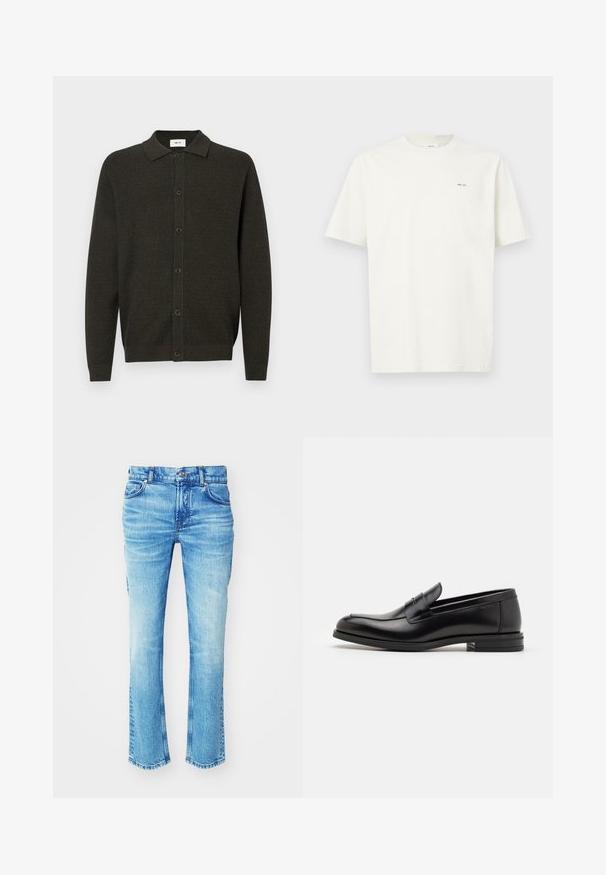 Cardigan tricotat cu mâneci lungi, de culoare verde închis, cu guler și șase nasturi în față, având un model texturat subtil și manșete și tiv cu nervuri.; Tricou alb simplu cu mânecă scurtă, cu text mic „NN. 07” de culoare neagră pe pieptul stâng, pe un fundal deschis.; Blugi din denim albastru cu o spălare decolorată, design cu picioare drepte și tiv brut. Prezintă un stil cu cinci buzunare și detalii din metal la nasturi.; Mocasini din piele neagră cu o textură netedă, vârf rotund și o curea decorativă peste partea superioară. Toc mic, design minimalist.