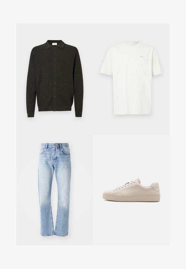 Temno zelena pletena jopica z dolgimi rokavi in ovratnikom, z šestimi sprednjimi gumbi, ki ima subtilen teksturiran vzorec ter rebraste manšete in rob.; Enostavna bela majica s kratkimi rokavi z malim črnim napisom "NN. 07" na levi strani prsnega koša na svetli podlagi.; Svijetloplavi traperice s ravnim nogavicama. Sadrže dizajn s pet džepova, patentni zatvarač i izbjeljenu teksturu prema dnu.; Bežni usnjeni športni copati z gladko površino, okroglo konico, ravnim podplatom in klasičnim vezalnim dizajnom. Diskretni šivi in teksturiran podplat.