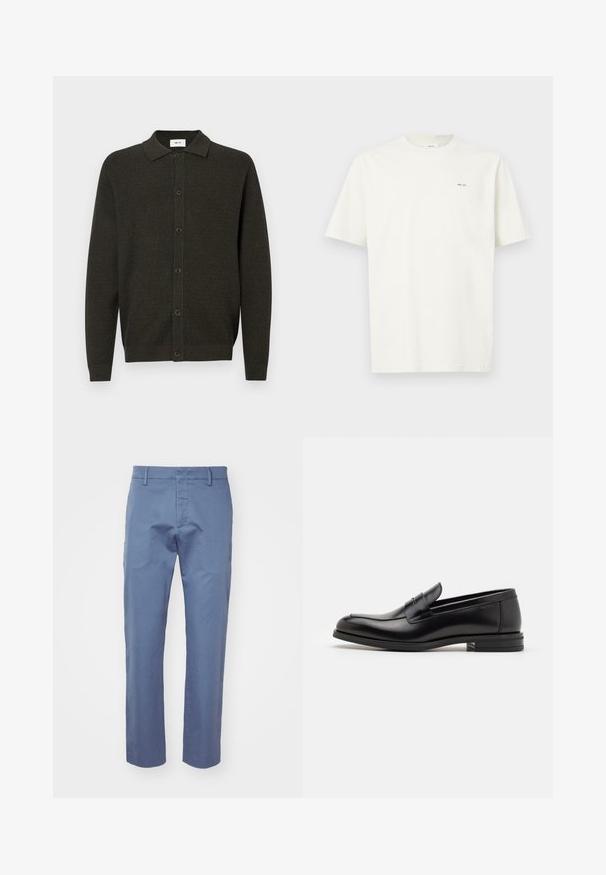 Tamsiai žalia ilgo rankovėmis megzta kardiganas su apykakle ir šešiais priekiniais mygtukais, pasižymintis subtilia tekstūrine raštais ir raštuotais rankogaliais bei apatine dalimi.; Balta, trumpa rankovėmis T-marškiniai su mažais juodais "NN. 07" užrašais kairėje krūtinės pusėje, prieš šviesią foną.; Šviesiai mėlynos kelnės, pagamintos iš lygaus audinio, turinčios tiesų kirpimą, diržo kilpas ir užtrauktuką su mygtuko uždarymu. Be raštų ar akcentų.; Juodos odinės loafers, turinčios lygų paviršių, apvalią noselę ir dekoratyvinę juostą per priekinę dalį. Žemas krentantis kulnas, minimalistinis dizainas.