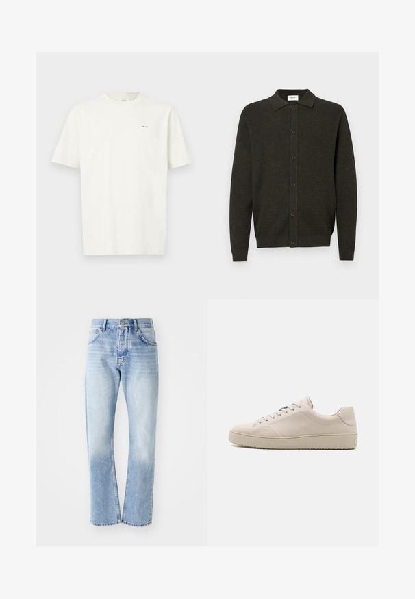 Dark green long-sleeve knit cardigan with collar and six front buttons, featuring a subtle textured pattern and ribbed cuffs and hem.; Plain white short-sleeve T-shirt with small black "NN. 07" text on the left chest against a light background.; Light blue denim jeans with a straight-leg cut. Features a five-pocket design, button fly, and faded texture towards the bottom.; Beige leather sneakers with a smooth finish, rounded toe, flat sole, and classic lace-up design. Subtle stitching accents and textured outsole.