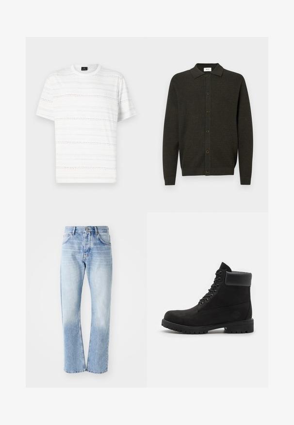 Tumes roheline pikakä sleeves neeliga kudumiskardigan, kus on kuus esipaneeli nuppu, peene tekstuuri mustriga ning ribakujuline ääre ja varrukad.; Valge lühikeste varrukatega T-särk, millel on horisontaalsed katkised jooned helesinisest, roosast ja mustast. Klassikaline ümmargune kaelus.; Heled sinine teksapüksid sirge lõikega. Omab viit taskut, nööpide kinnitust ja pleekinud tekstuuri allosas.; Mustade lacesega pahkluu saapad pehme kraega ja robustse tallaga, kujutatud profiilis valge taustaga.